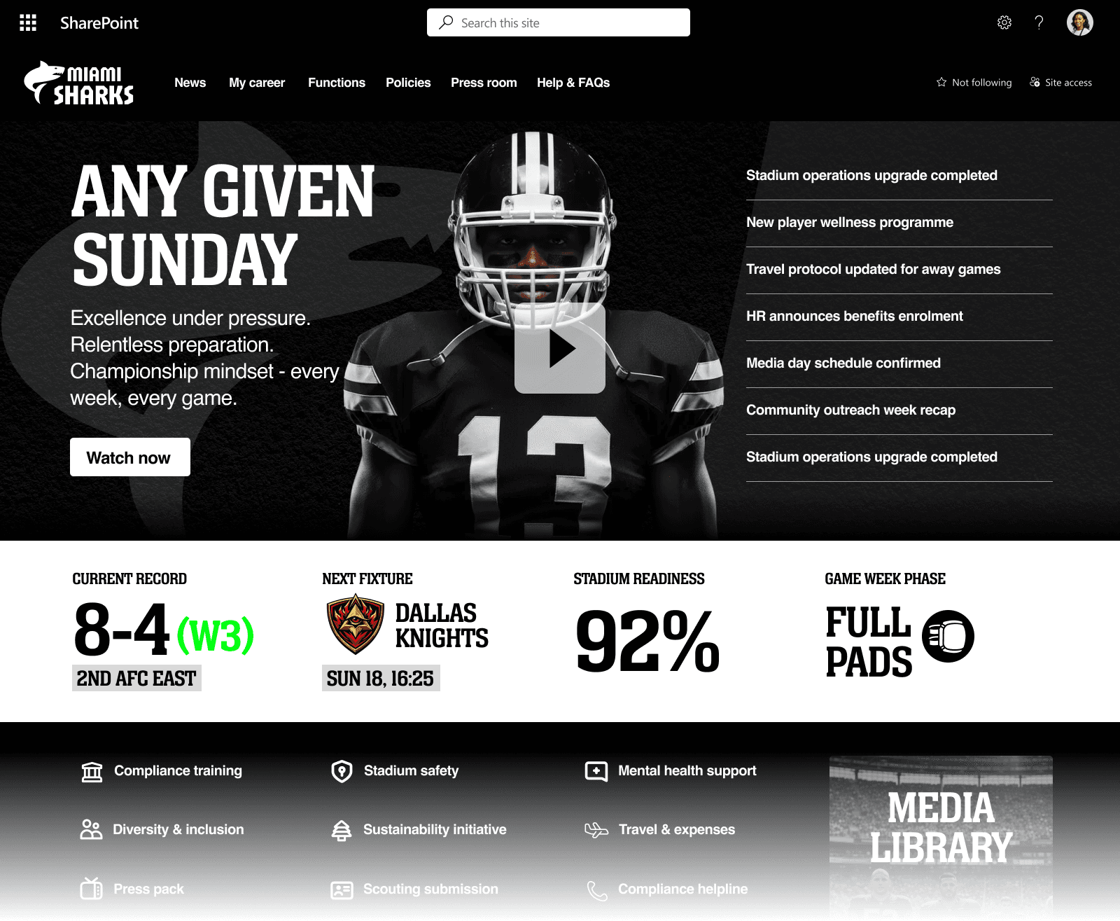 The Miami Sharks SharePoint intranet homepage design
