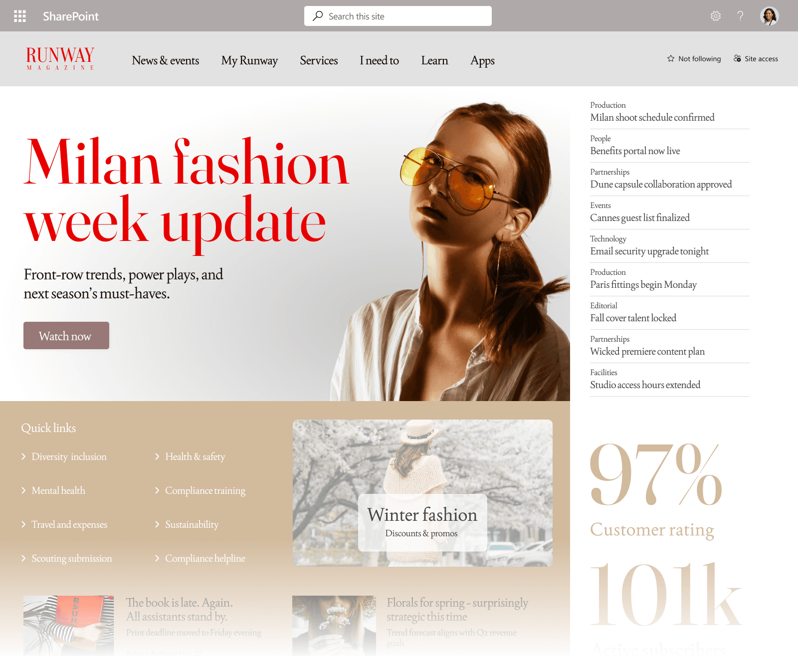 The Runway Magazine SharePoint intranet homepage design