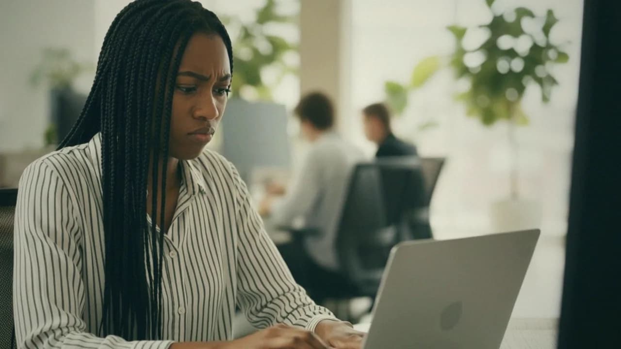 A staff member at a laptop, frustrated while searching the SharePoint intranet