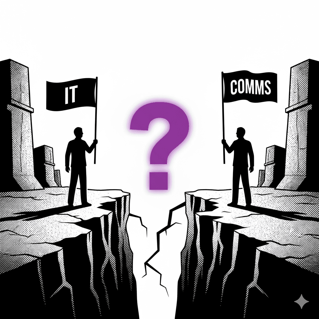 Two teams - IT and Comms - either side of a gap, with a question mark in the middle representing unowned design decisions