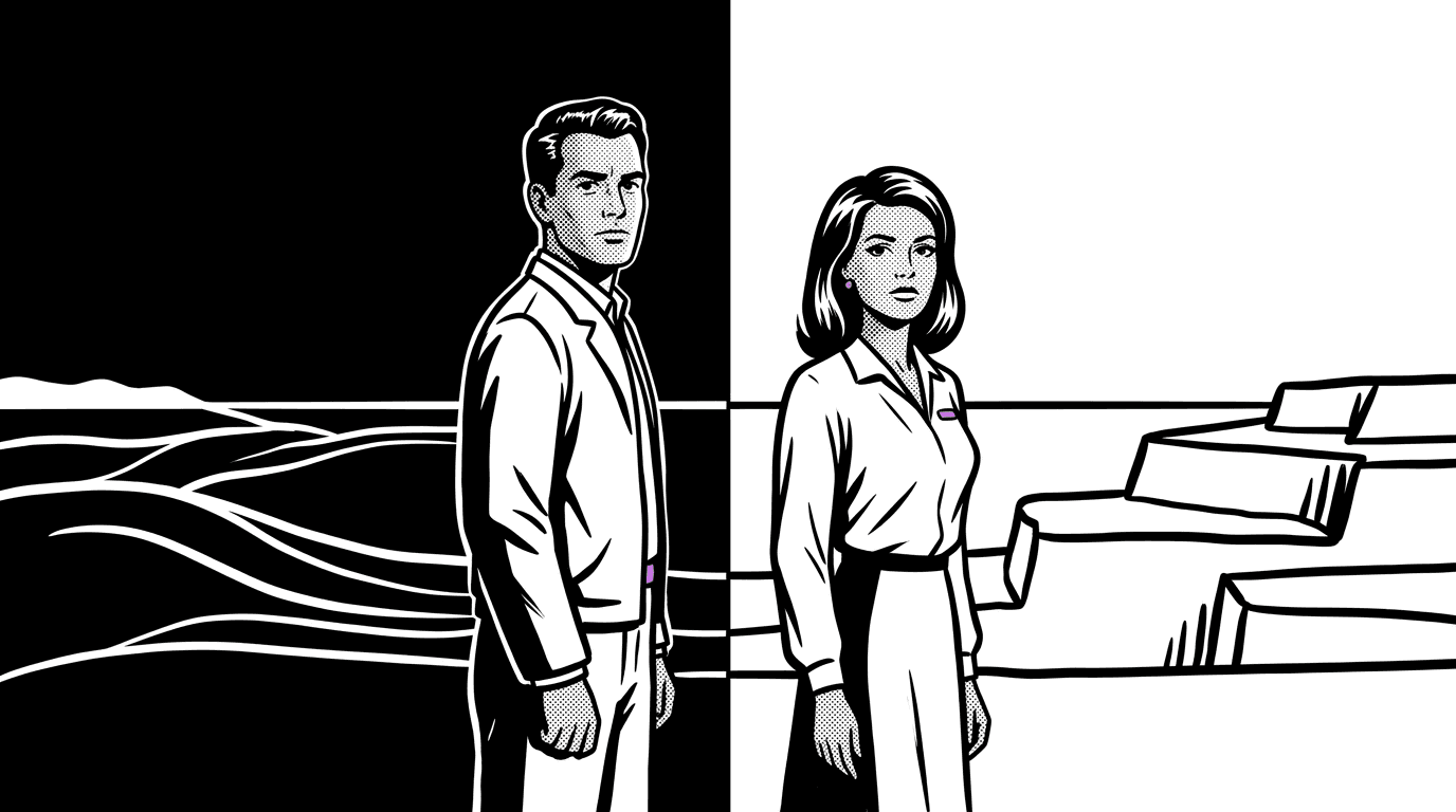 Black and white Lichtenstein-style pair facing a split horizon: flowing curves versus stepped layers, halftone detail, purple accent