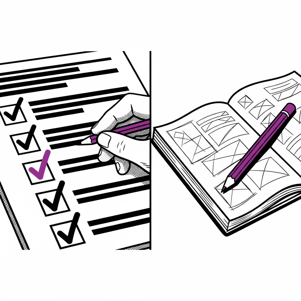 Setup guide on one side, design sketchbook on the other - illustrating the difference between configuration and design thinking