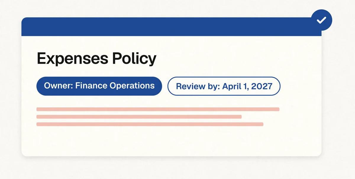 An Expenses Policy page with a named owner, Finance Operations, and a review-by date, marked with a blue tick.