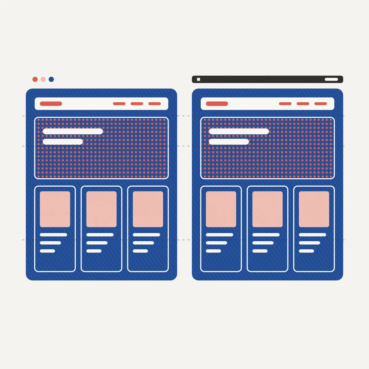Illustration of two figures beside a split horizon: flowing curves for a public website and stepped layers for an intranet, with Dexy purple accent