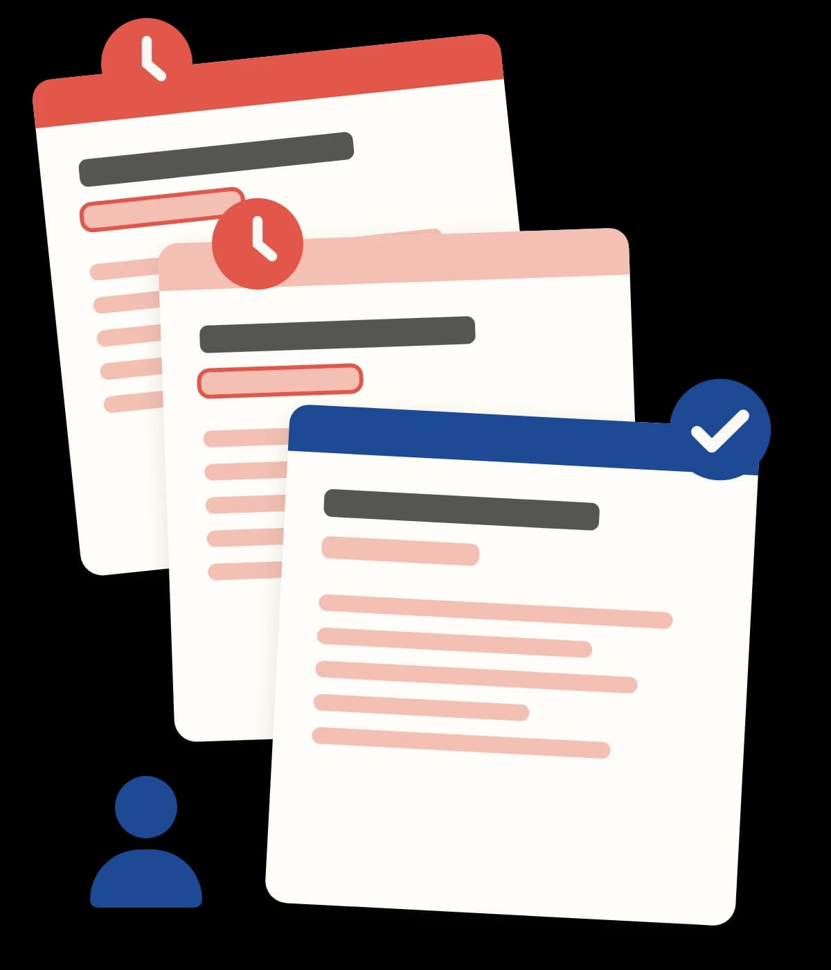 Three overlapping copies of the same policy document. The two older copies have red clock badges, the newest has a blue tick, and a staff member stands beside them unsure which one is current.