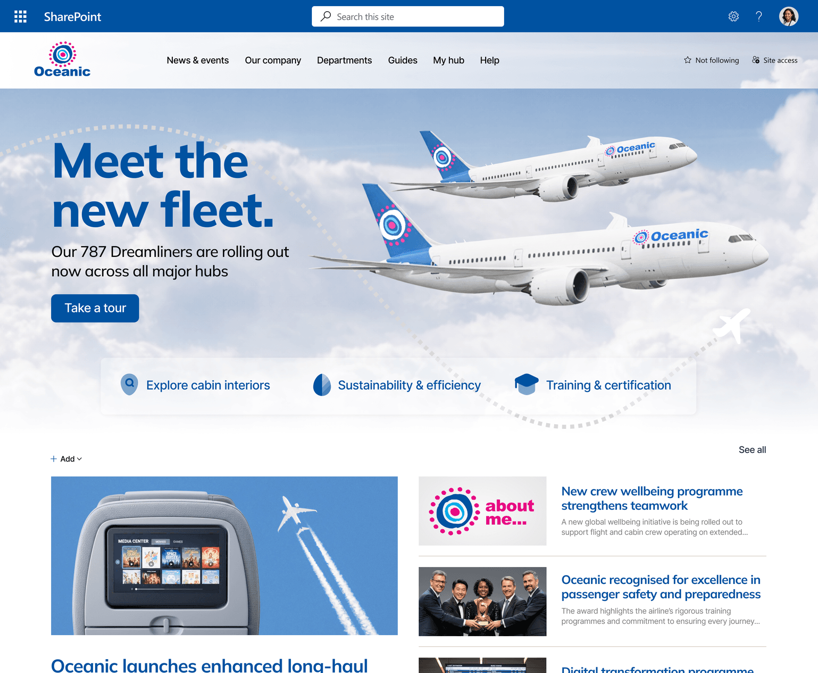 Example airline-style internal homepage layout
