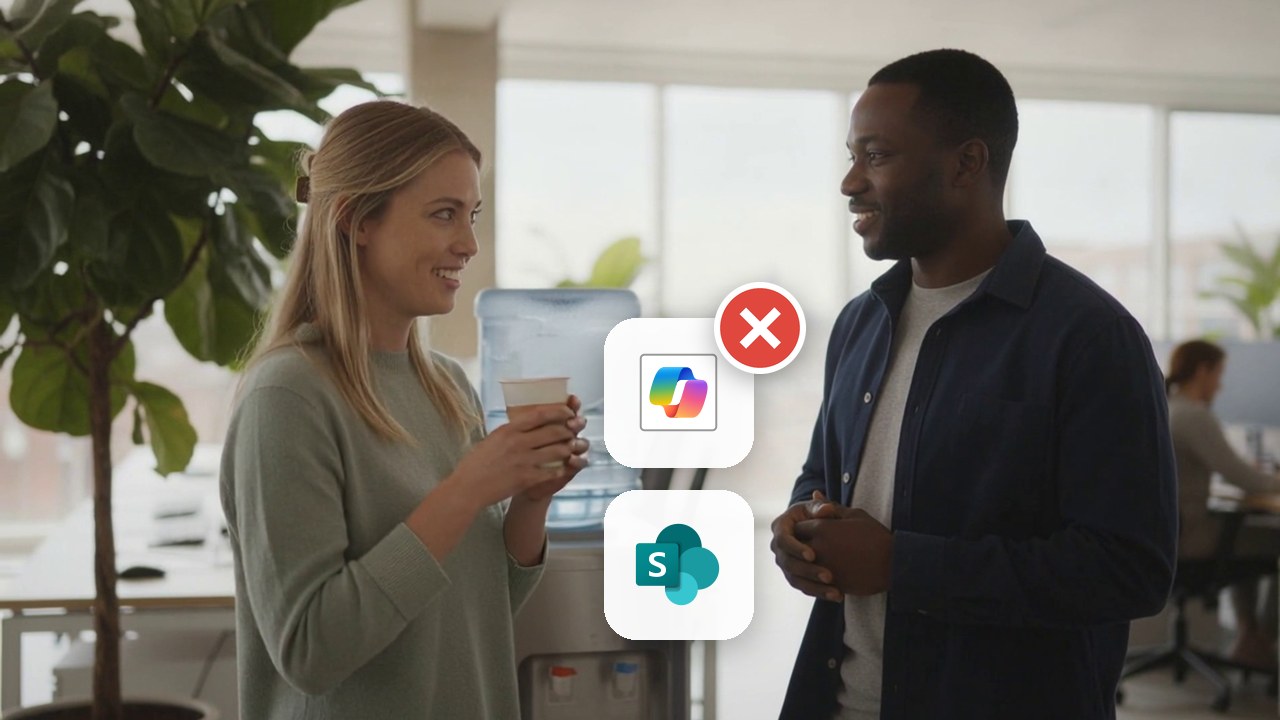 Colleagues at a water cooler with Microsoft Copilot and SharePoint icons and a red cross — video about SharePoint agents and the April 2027 transition
