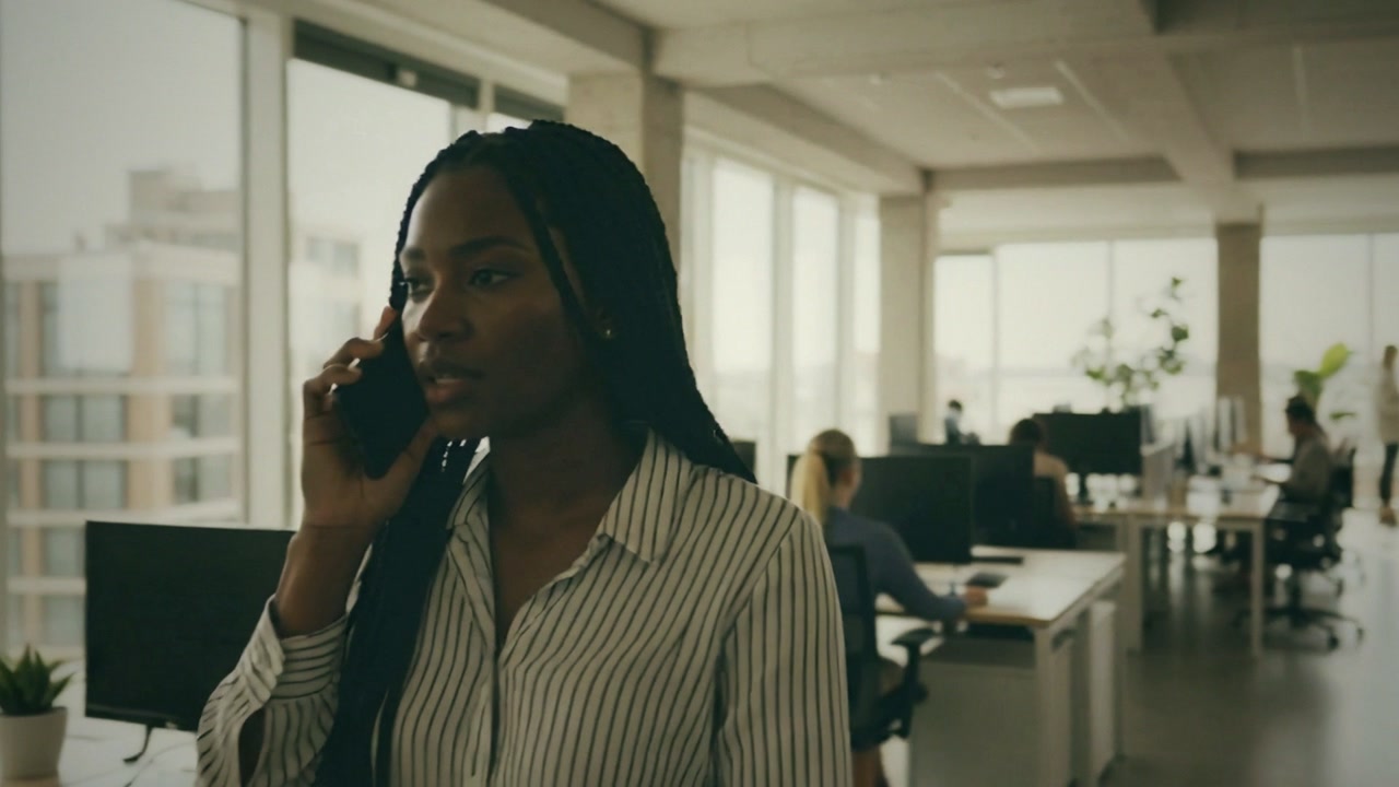 A woman on a phone call in an open-plan office — video about what's new in Copilot in SharePoint